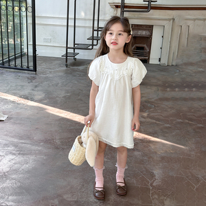 女童韩版甜美泡泡袖裙子2024夏季儿童气质法式礼服公主蕾丝连衣裙