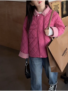 韩国女童棉服2023冬季新款洋气网红撞色菱形格保暖大童夹棉外套