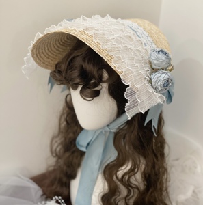 林梦 蓝色蝴蝶结蕾丝系带bnt帽玫瑰花系带扁帽lolita欧式田园写真