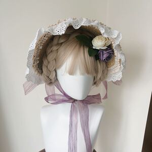 林梦 包邮复古欧式草帽法式蕾丝边lolita乡村风帽胚bnt田园系带