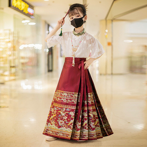 世生高端女童马面裙夏季薄款套装儿童汉服童装中国风古装唐装红裙