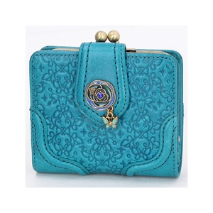 日本annasui安娜苏 复古压花牛皮玫瑰蝴蝶坠金属蛙口简单短款钱包