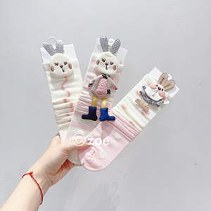 春夏儿童袜子超薄纯棉网眼卡通立体玩偶可爱小兔子粉色无跟小腿袜