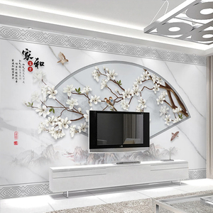 3d新中式玉兰花鸟电视背景墙壁纸5d玉堂富贵客厅影视墙纸壁画墙布
