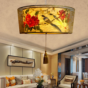 仿古典中式灯具 手绘客厅灯饰 实木书房羊皮灯 圆形餐厅吊灯精品