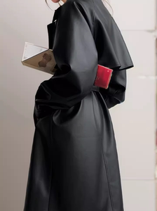 设计感黑色皮衣外套女秋冬季中长款系带过膝风衣韩版宽松气质大衣
