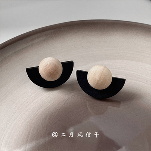复古清冷感◆韩国复古木质艺术几何半圆黑色高级个性耳环耳夹E70