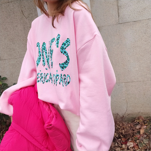 韩国东大门新款冬季超火加绒时髦豹纹字母洋气粉色宽松卫衣女加厚