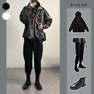 哲明studio秋冬假两件皮衣翻领皮夹克男黑武士束脚裤拉链连帽卫衣