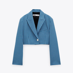 3015653400 zara新款女装格子一粒扣短款休闲西装外套03015653400