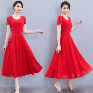 红色雪纺长裙子连衣裙春秋季女装2024年新款春夏流行高腰长袖裙子