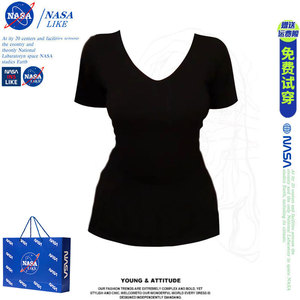NASA美式复古黑色纯欲风辣妹收腰显瘦正肩V领短袖T恤女打底上衣潮