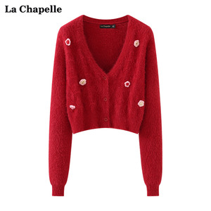 拉夏贝尔/LaChapelle立体花朵V领针织开衫女春季红色宽松外穿上衣