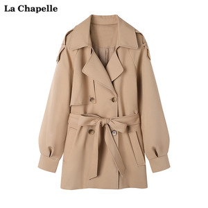 拉夏贝尔/La Chapelle双排扣腰带风衣女韩版中长款宽松西装领外套