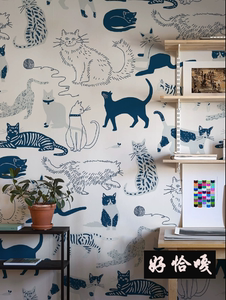 北欧猫咪墙纸儿童男孩女生卧室背景墙壁纸墙布手绘ins风定制壁画