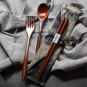 自然主义天然木质便携餐具收纳袋3件套装勺筷叉成人旅行布袋