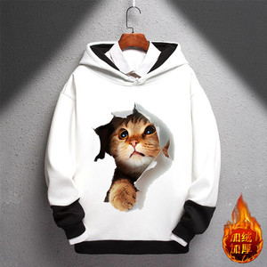 男士秋冬休闲卫衣连帽加绒外套长袖创意3d动漫衣服日系猫咪学生潮