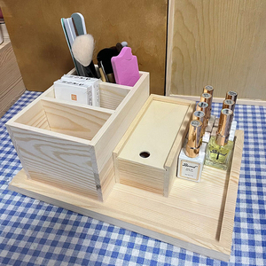 日式美甲工具收纳盒桌面原木棉片刷子笔筒托盘盒子储存盒套装网红