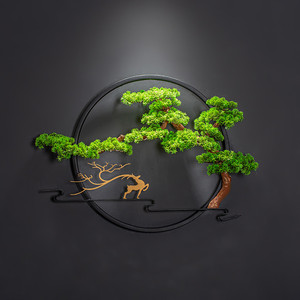 新中式圆形铁艺迎客松壁挂壁饰客厅餐厅玄关办公室背景墙装饰挂件