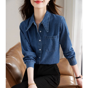 LOGULEYA秋季新款韩版牛仔蓝色长袖衬衫女高级感休闲打底短款上衣