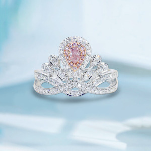 18k天然粉色水滴形钻石戒指尚美皇冠加冕钻戒群镶粉钻女戒定制
