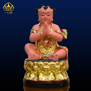 一心斋12寸坐莲花肚围哪吒三太子神像中坛元帅佛像摆件香樟木木雕