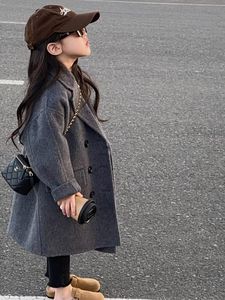 2023秋冬款韩国童装女童双面呢大衣小女孩洋气翻领中长款潮流外套