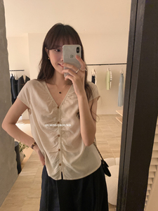 IMISS韩版褶皱V领气质棉麻衬衣女夏季法式正肩包䄂小衫衬衫上衣