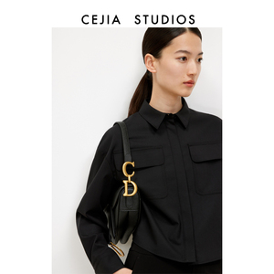 CEJIA黑色箱型羊毛衬衫女短款造型落肩式宽松小外套2024春夏新款