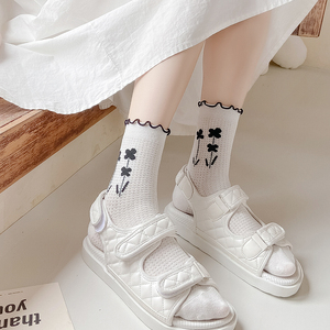 花边袜子女中筒袜白色薄款夏季小花日系可爱黑色镂空夏天配凉鞋袜