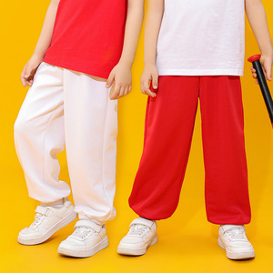 儿童白色裤子男童红色长裤夏季薄款女童束脚运动裤演出舞蹈表演裤