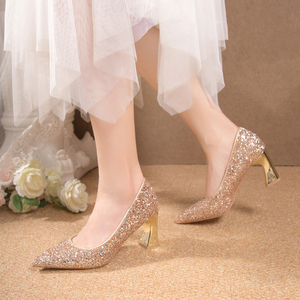 小众婚鞋水晶鞋主婚纱鞋2024年新款伴娘晚礼服高跟鞋女粗跟新娘鞋