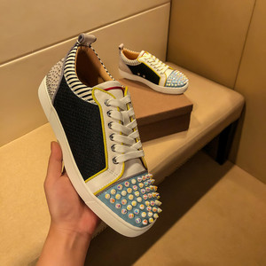 欧洲站男鞋cl铆钉水钻迷彩低帮红底鞋潮流百搭真皮休闲板鞋欧货潮