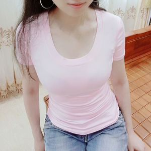 性感u领低胸紧身t恤女夏装新款短袖显胸上衣百搭纯棉修身漏胸小衫