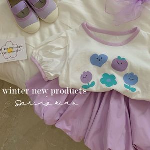 女童夏季套装2023新款韩版洋气女宝宝紫色短T花苞短裤女孩两件套
