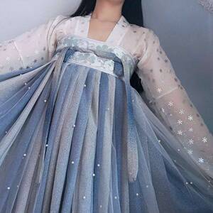 春夏月魄汉服女烫银钉珠亮丝渐变间色齐胸套装飘逸超仙女月魂古装