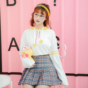 字母刺绣秋季少女清新宽松长袖学生卫衣t恤衫搭配格子百褶短裙子