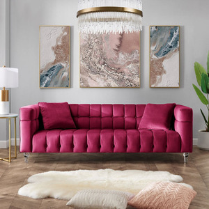 美式轻奢天鹅绒拉扣舒适三人玫红色软包沙发现代设计师亚克力沙发