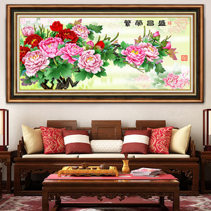 客厅新中式装饰画花开富贵牡丹画沙发背景墙挂画大气花卉油画壁画