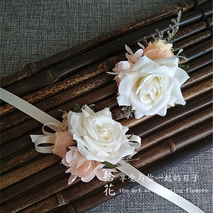 拾花手制森系白色香槟婚礼新娘手腕花伴娘姐妹手环带新郎伴郎胸花