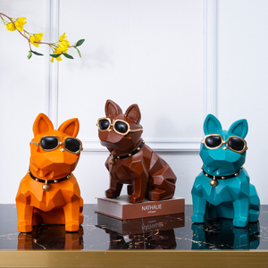 法斗狗树脂卡通储蓄罐网红存钱罐蓝色儿童大号小号家用储钱罐摆件