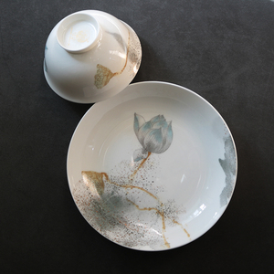 华虫以章 出淤泥而不染中国风骨质瓷盘子深盘7.5英寸家用健康无铅