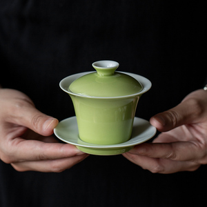 苹果绿陶瓷盖碗茶杯家用三才茶碗带盖单个敬茶杯子功夫茶具不烫手