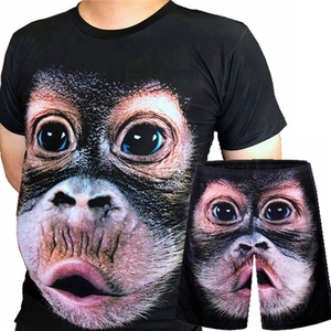 3D猴子T恤搞笑大猩猩图案短裤子男士运动套装大码衣服 超火五花肉