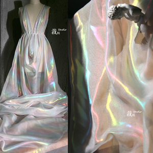 彩虹纱 镭射渐变柔软白色纱高档服装布料混纺裙料婚纱礼服面料