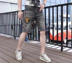 欧洲站牛仔短裤男士个性狮子头印花潮牌青年夏季新款五分中裤薄款