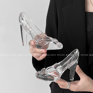 灰姑娘水晶玻璃鞋女透明玻璃摆件公主鞋结婚520情人节礼物送女友