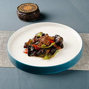 农家乐平底圆盘蓝边热菜特色中式圆形酒店餐具小炒菜盘家用平盘子