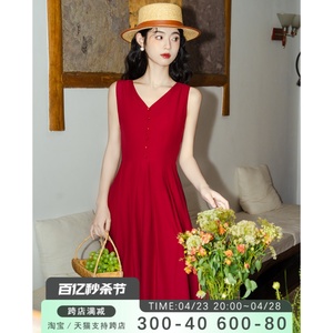 法式复古红色连衣裙夏季2024新款赫本风高级感裙子女修身显瘦气质