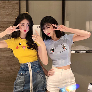 网红主播杰尼龟动漫卡通t恤女夏季修身显瘦3d性感显胸大短款上衣